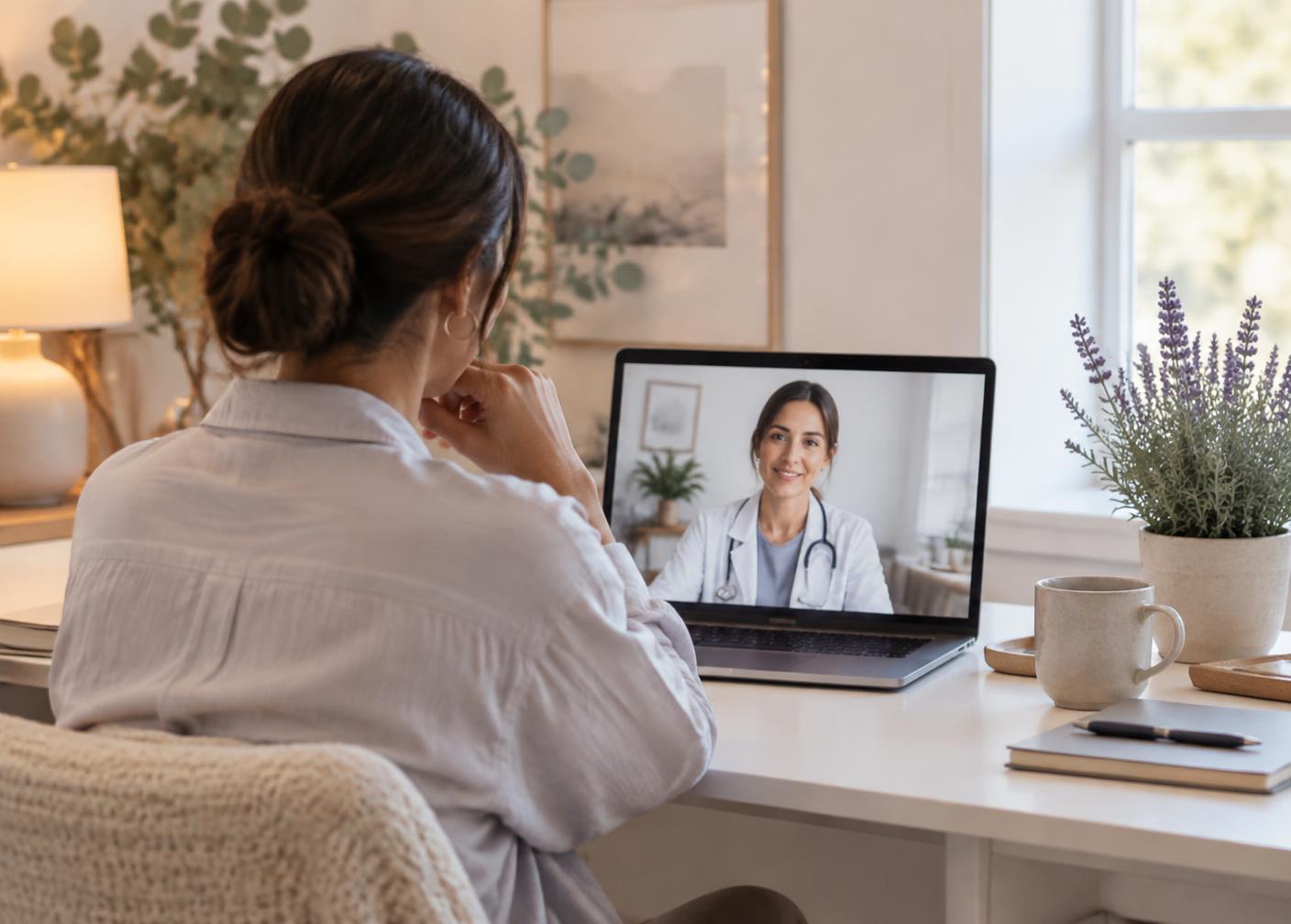 A patient meeting her provider by secure video consultation at home