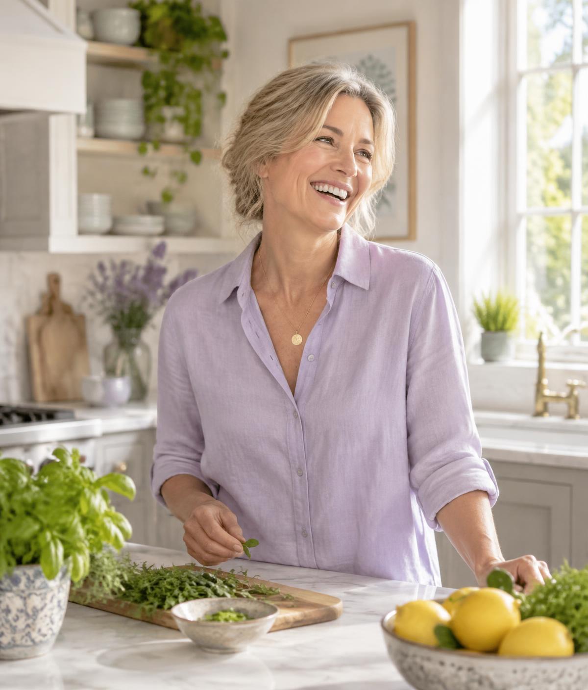 A woman preparing fresh food in a bright kitchen